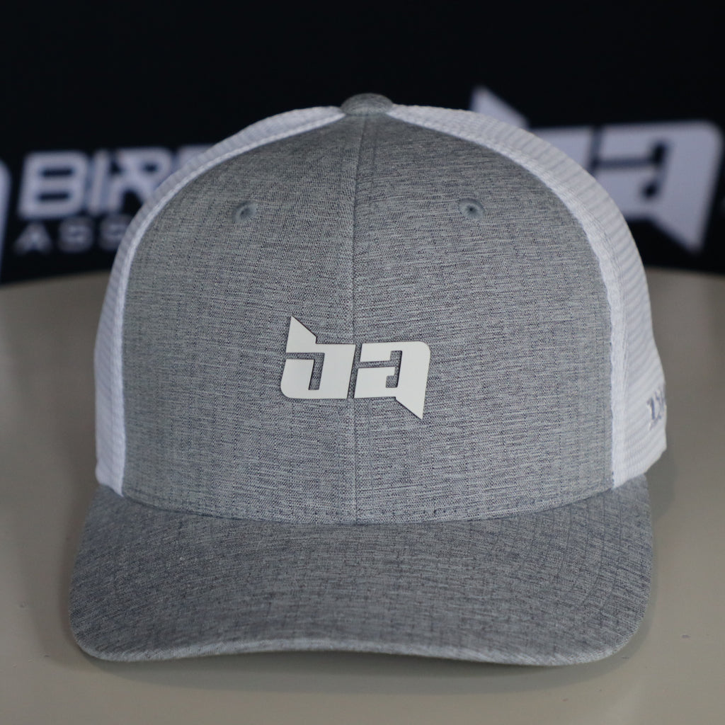 Grey-white Birdie Assassin Tour Golf Cap with Birdie assassin badge on the front
