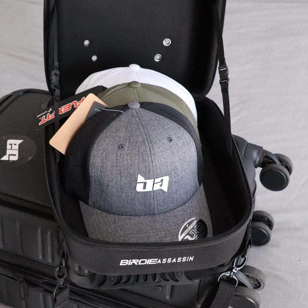 Birdie Assassin cap carry case with 3 golf caps inside