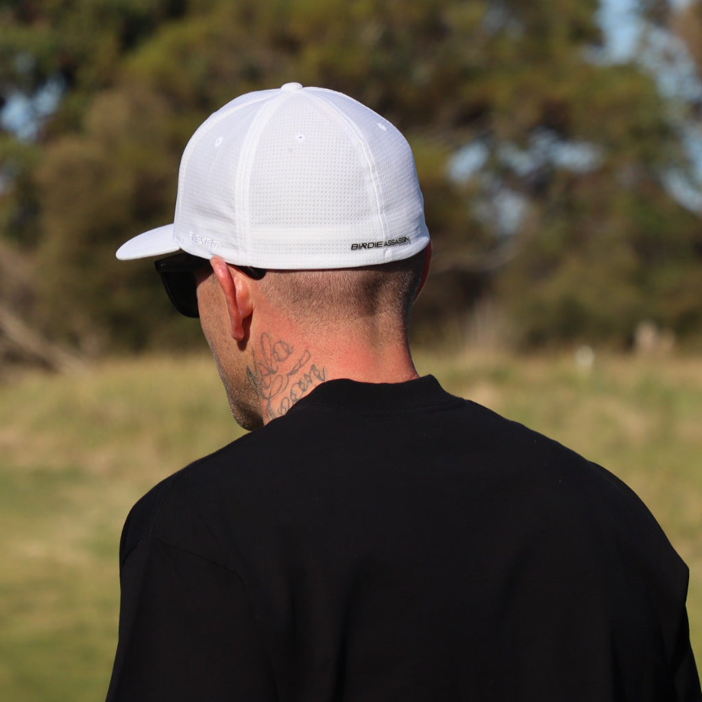 Back side of  a white Player golf cap from Birdie Assassin  